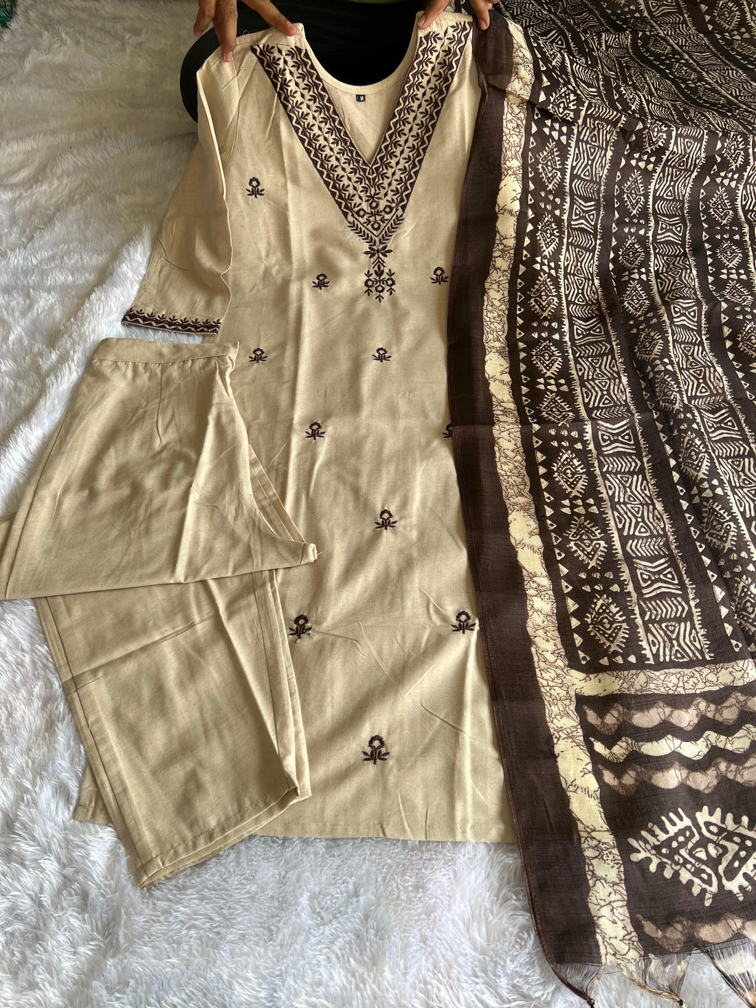 Chikoo Elegance Khadi Cotton Suit Set