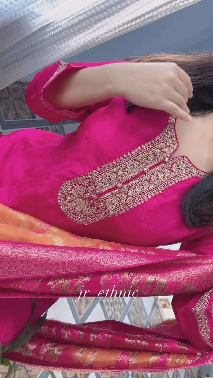 Royal Pink Haldi Banarasi Jacquard Suit Set